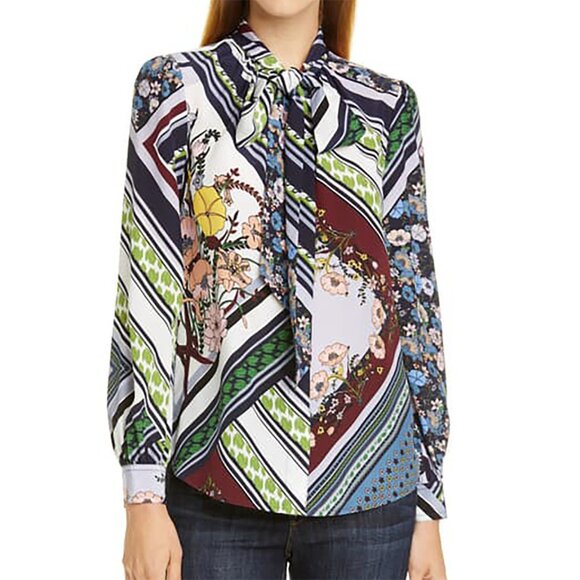 Tory Burch Homage to Flower Patchwork Silk Blouse Top Floral Stripe Bow Tie 4 - Picture 1 of 16